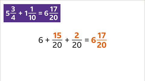 Six plus fifteen twentieths plus two twentieths – all numerators highlighted – equals six and seventeen twentieths (highlighted).