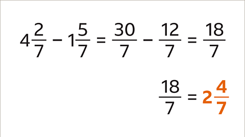 Four and two sevenths minus one and five sevenths is equal to thirty sevenths minus twelve sevenths, which is equal to eighteen sevenths. Below: eighteen sevenths equals two and four sevenths (highlighted).