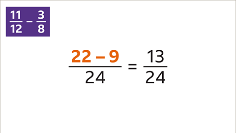 In a purple box in the top left: eleven twelfths minus three eights. Below: Twenty two minus nine (highlighted) over twenty four equals thirteen twenty fourths.