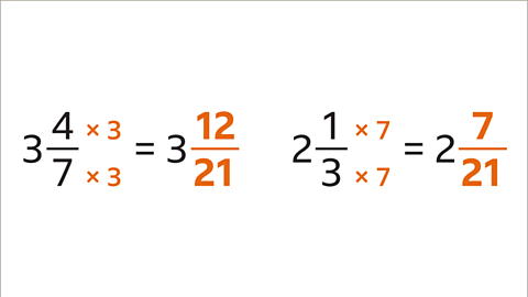 On the left: Three and four sevenths. Both numerator and denominator multiplied by three, which equals three and twelve twenty firsts. On the right: two and one third. Both numerator and denominator multiplied by seven, which equals two and seven twenty firsts.