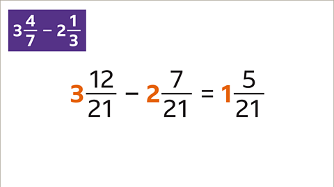 In a purple box in the top left: Three and four sevenths minus two and one third. Below: Three and twelve twenty firsts minus two and seven twenty firsts equals one and five twenty firsts. 