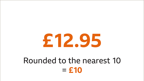 Twelve pound and ninety-five pence. Written below: Rounded to the nearest ten equals ten pounds - highlighted. 