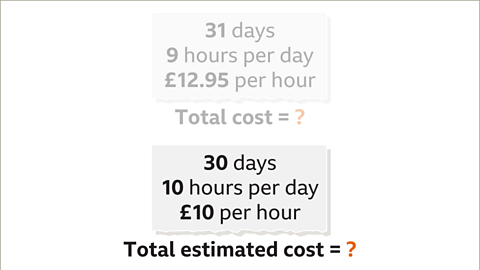 Thirty days. Ten hours per days. Ten pounds per hour. Total estimated cost equals question mark – highlighted. 