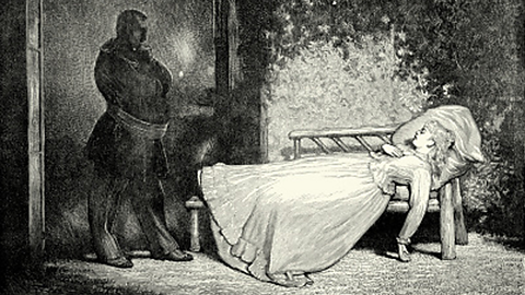 An image of an overweight, smartly dressed man in dark clothes, standing over the bed where a woman in a white dress lies unconscious.