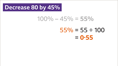 Fifty-five percent (highlighted) equals fifty-five divided by one-hundred equals zero point five five – highlighted.