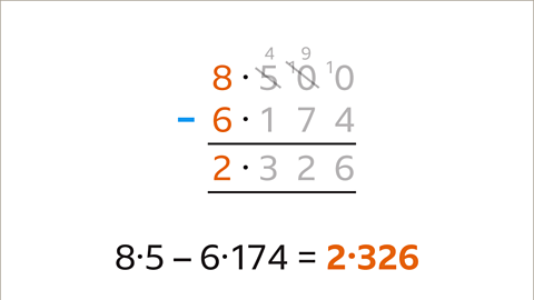 The six has been taken from the eight to equal two. Below: Eight point five zero zero minus six point one seven four equals two point three two six – highlighted.