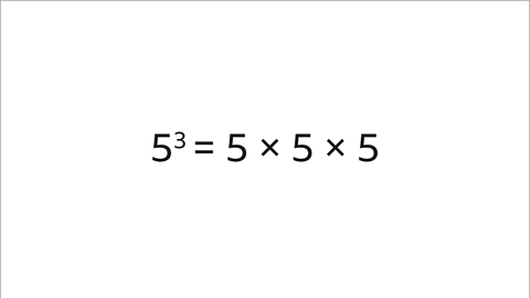 Five cubed equals five multiplied by five multiplied by five.