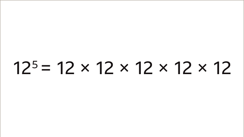 Twelve to the power of five equals twelve multiplied by twelve multiplied by twelve multiplied by twelve multiplied by twelve.