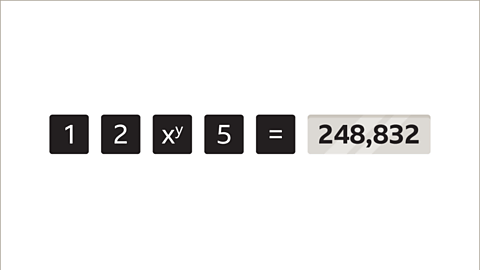 Twelve x to the power of y five equals two-hundred and forty-eight-thousand eight-hundred and thirty-two.