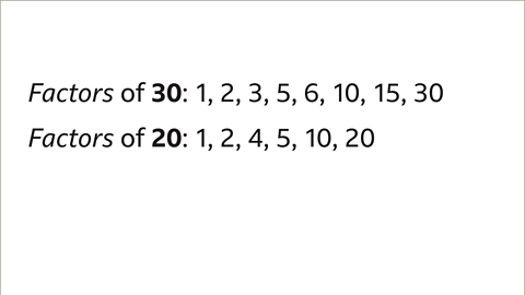 Factors of thirty: One, three, five, six, ten, fifteen, thirty. Factors of twenty: One, two, four, five, ten, twenty.