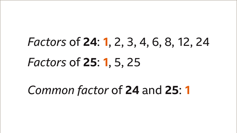 The same values with one highlighted in both sets of factors. Below: Common factor of twenty-four and twenty-five: One – highlighted.