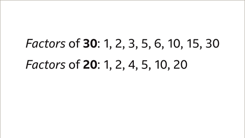 Factors of thirty: One, three, five, six, ten, fifteen, thirty. Factors of twenty: One, two, four, five, ten, twenty.