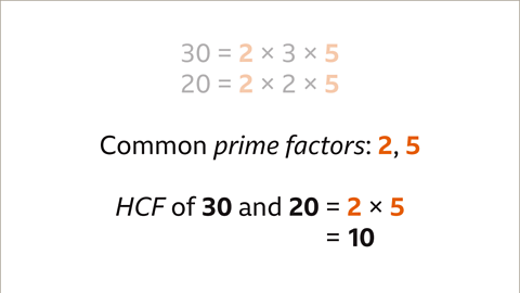 Common prime factors: Two, five – both highlighted. HCF of thirty and twenty equals two multiplied by five equals ten.