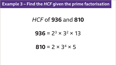 Example 3 – Find the HCF given the prime factorisation: HCF of nine-hundred and thirty-six and eight-hundred and ten. Nine-hundred and thirty-six equals two cubed multiplied by three squared multiplied by thirteen. Eight-hundred and ten equals two multiplied by three to the power of four multiplied by five.