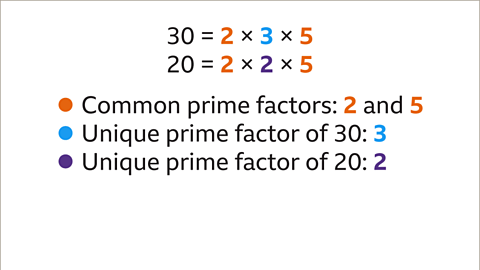 Thirty equals two (highlighted orange) multiplied by three (highlighted blue) multiplied by five (highlighted orange). Twenty equals two (highlighted orange) multiplied by two (highlighted purple) multiplied by five (highlighted orange). Below: Common prime factors: Two and five – bullet pointed orange. Unique prime factor of thirty: Three – bullet pointed blue. Unique prime factor of twenty: Two – bullet pointed purple.  