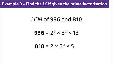 Example 3 – Find the LCM given the prime factorisation: LCM of nine-hundred and thirty-six and eight-hundred and ten. Nine-hundred and thirty-six equals two cubed multiplied by three squared multiplied by thirteen. Eight-hundred and ten equals two multiplied by three to the power of four multiplied by five.