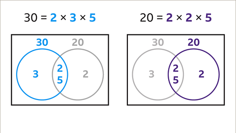 The same diagram and equations. To the left. Thirty equals two multiplied by three multiplied by five. Below: The circle diagram with only the left circle and its values highlighted blue. To the right. Twenty equals two multiplied by two multiplied by five. Below: The circle diagram with only the right circle and its values highlighted purple.