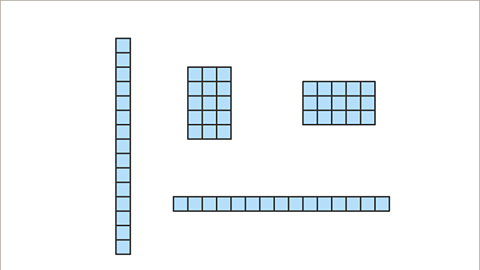 Four diagrams each made-up of fifteen blocks. Two are bars – one is vertical; one is horizontal. Two are grids – one is three by five; one is five by three. 