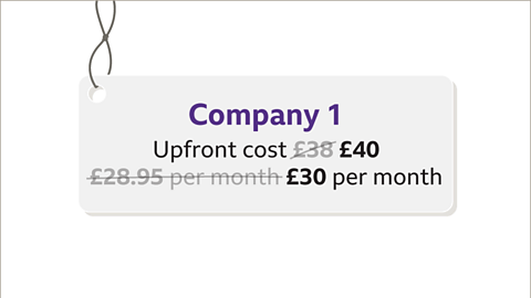 Company one tag with numbers changed. Upfront cost now forty pounds. Twenty-eight pounds and ninety-five pence per month now thirty pounds per month. 