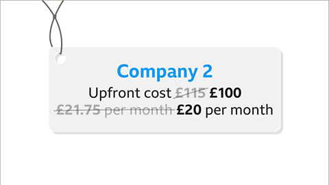 Company two tag with numbers changed. Upfront cost now one-hundred pounds.  Twenty-one pounds and seventy-five pence per month now twenty pounds per month. 