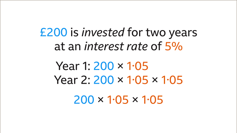 Year one: Two-hundred multiplied by one point zero five. Year two: two-hundred multiplied by one point five multiplied by one point zero five. Below: Two-hundred multiplied by one point five multiplied by one point zero five.