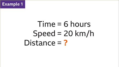 Example 1: Time equals six hours. Speed equals twenty kilometre per hour. Distance equals question mark – highlighted.