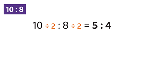Ten divided by two to eight divided by two equals five to four. 