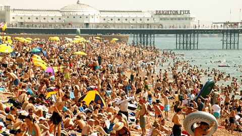 A photo of a very crowded beach with Brighton Pier in the background.