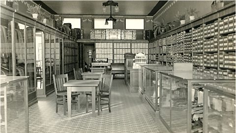 A haberdashery with cabinets full of threads and other materials. 