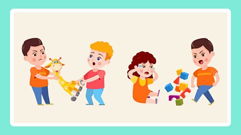 A picture of some children taking toys from others.