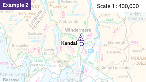 Example 2: A diagram of a map with a point labelled Kendal in the centre. In the top right: One to four-hundred-thousand.