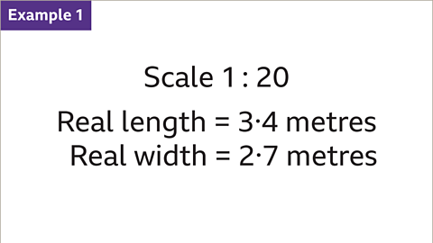 Example 1: Scale one to twenty. Real length equals three point four metres. Real width equals two point seven metres.