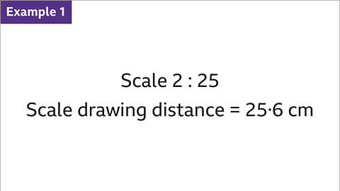 Example 1: Scale two to twenty-five. Scale drawing distance equals twenty-five point six centimetres.