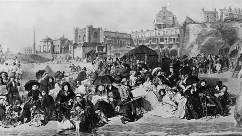 A black and white painting of families enjoying the seaside in Ramsgate.