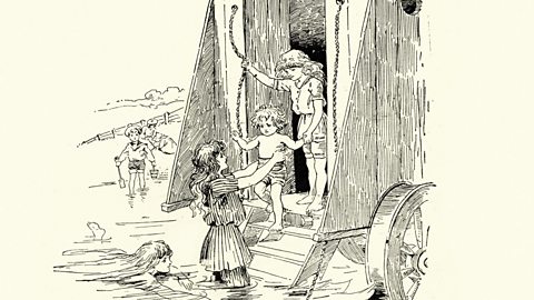 A drawing of children playing at the beach. One child is swimming and another is holding a bucket and spade.