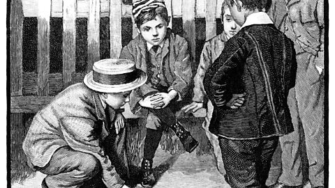 A drawing of some Victorian children playing marbles.