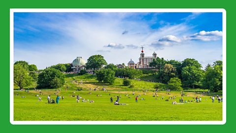 A grassy park with people walking and sunbathing