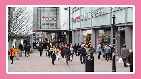 Photograph of a busy shopping street.