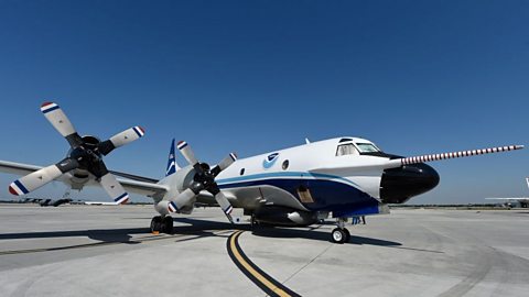 A aeroplane that has a long pointed bit on the nose end.
