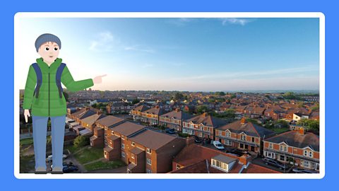 Aerial view of a residential area of houses.