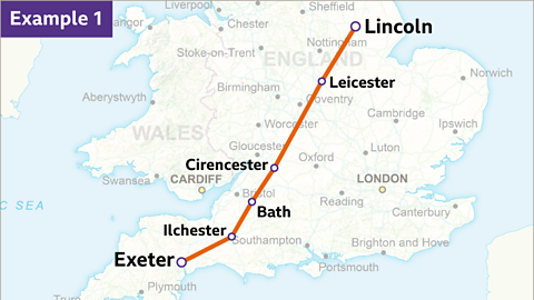 Example 1: A diagram of a map with a highlighted line going from Exeter to Lincoln. Llchester, Bath, Cirencester and Leicester are all pointed out along the line.