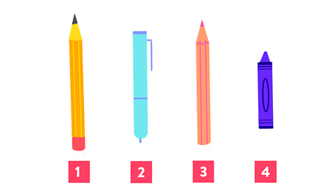 A pencil, pen, colouring pencil and crayon, numbered 1 to 4