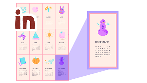 Year calendar highlighting December, with word 'in' next to it.