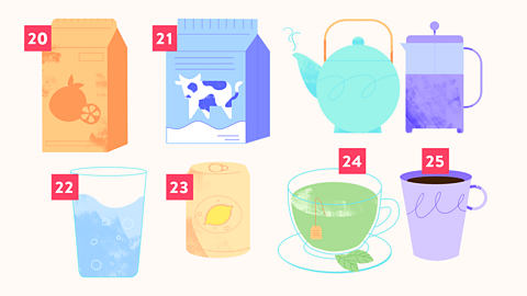 Juice, milk, water, fizzy drink, tea and coffee, labelled 20 - 25