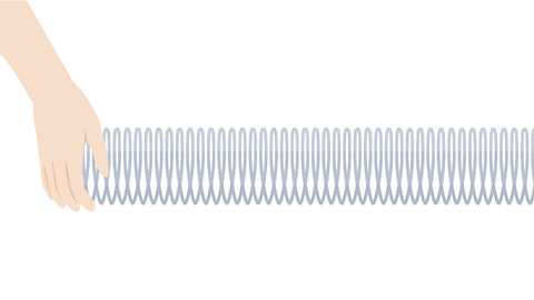 Illustration of a hand pushing a coiled metal spring to demonstrate the movement of a longitudinal wave