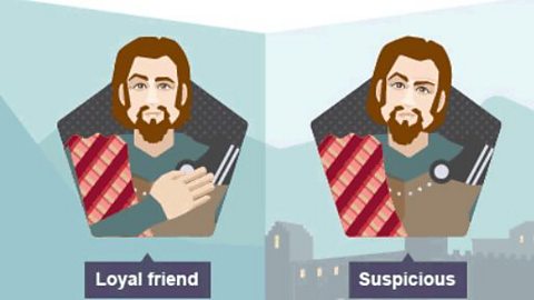 Two images of Banquo. One with the label of 'loyal friend', the other labelled 'suspicious'.