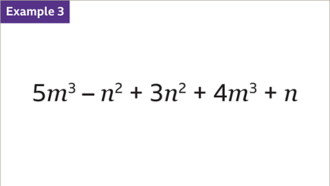 The expression five m to the power of three minus n squared plus three n squared plus four m to the power of three plus n. 