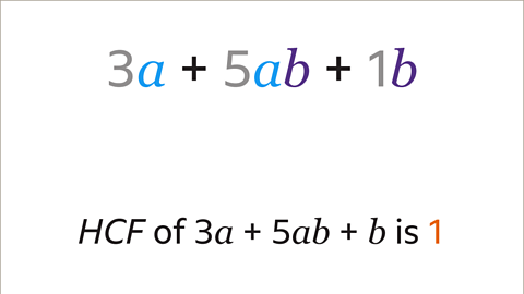 Two steps. The first step is three a plus five a b plus one b  The numbers three, five and one are greyed out. The a and a are shaded mid blue and the b and b are shaded dark blue. The second step is HCF of three, five and one equals one.  The number one following the equal symbol is highlighted orange.