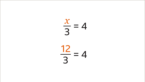 X over three equals four – x is highlighted orange. Twelve thirds equals four – twelve is highlighted orange.