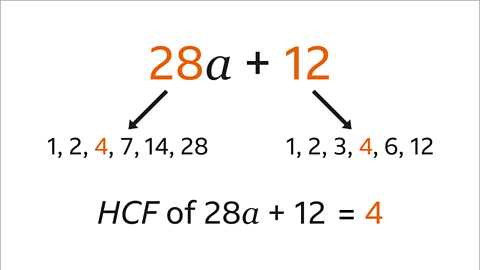 Three steps, two expressions. First step is twenty eight a plus twelve. The twenty eight and twelve are highlighted orange. Two arrows point from the first step to the second step. the arrow under twenty eight points to one, two, four, seven, fourteen, twenty eight. Four is highlighted orange. An arrow under the twelve points to one, two, three, four, six, twelve. Four is highlighted orange. The third step is HCF of twenty eight a plus twelve equals four. The four is highlighted orange. 